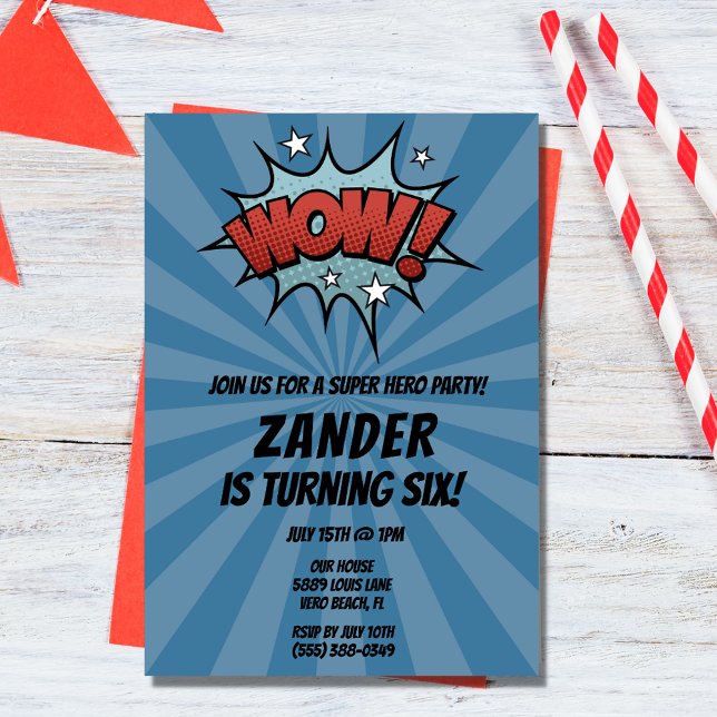 Tecknaden Födelsedagsfest inbjudan (Superhero Comic Boy Birthday Party Invitation)