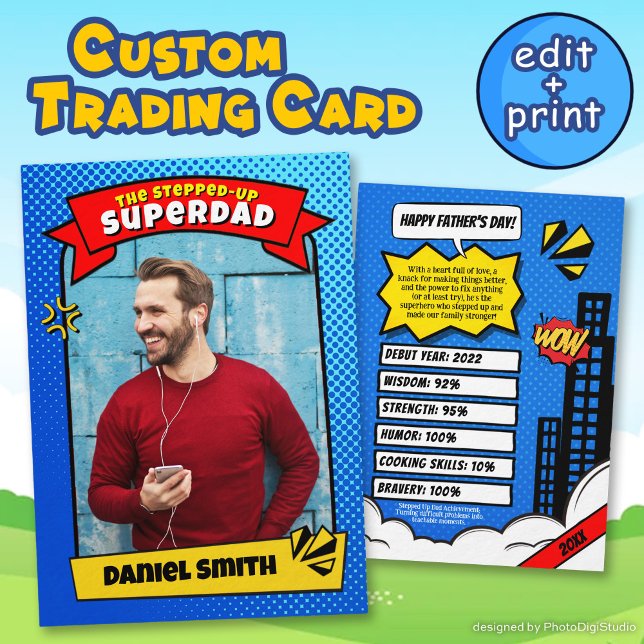 Tecknaden för Fars dag-kort har ökat handelskortet (Fathers Day Card Comic Stepped Up Dad Trading Card)
