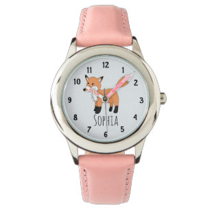 Tecknaden Girls Cute Woodland Fox och Namn Kids Armbandsur
