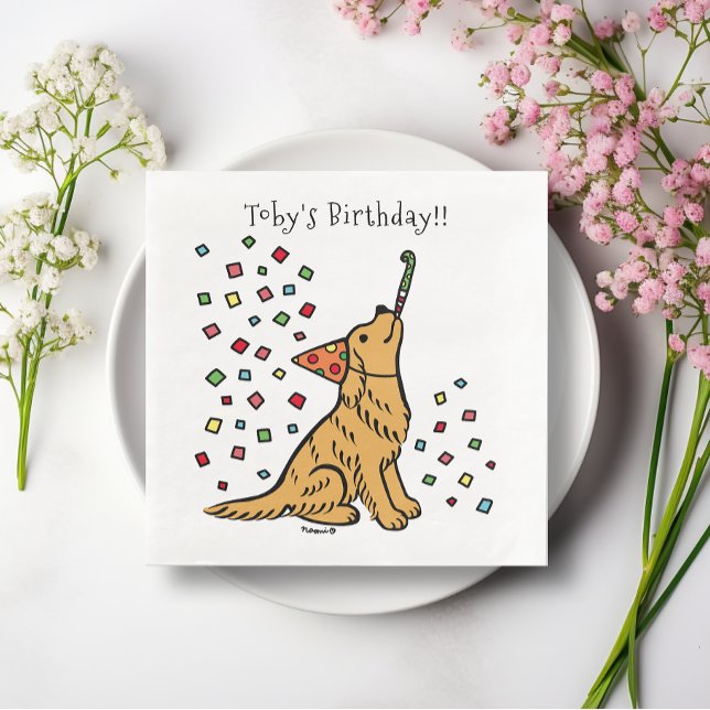Tecknaden Golden Retriever på födelsedagen Pappersservett (Birthday Golden Retriever Cartoon Paper Napkins for Birthday Party of Dog Lovers.  Delightful image.)