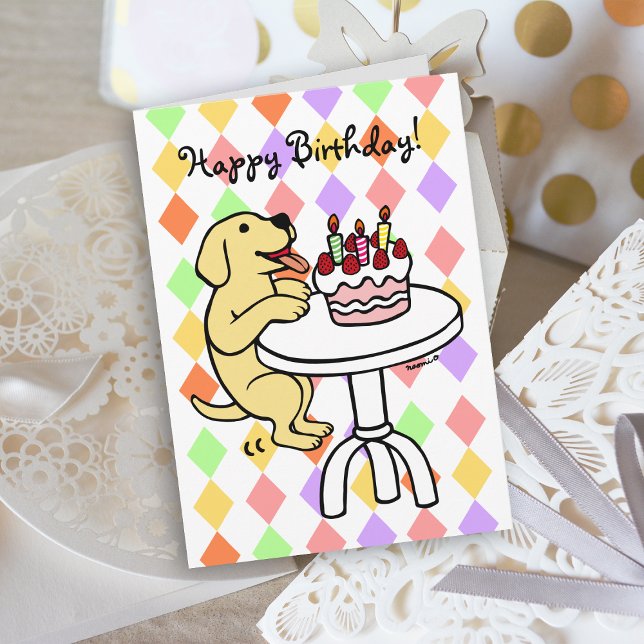 Tecknaden Gult Labrador i födelsedagskaka Kort (Birthday Cake Yellow Labrador Cartoon Birthday Card with colorful background for dog lovers.)