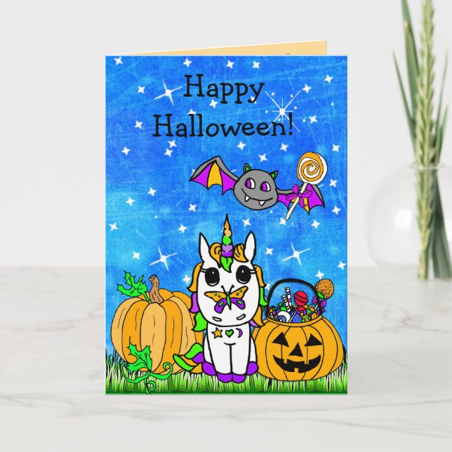 Tecknaden Happy halloween Unicorn för barn Kort (Framsida)