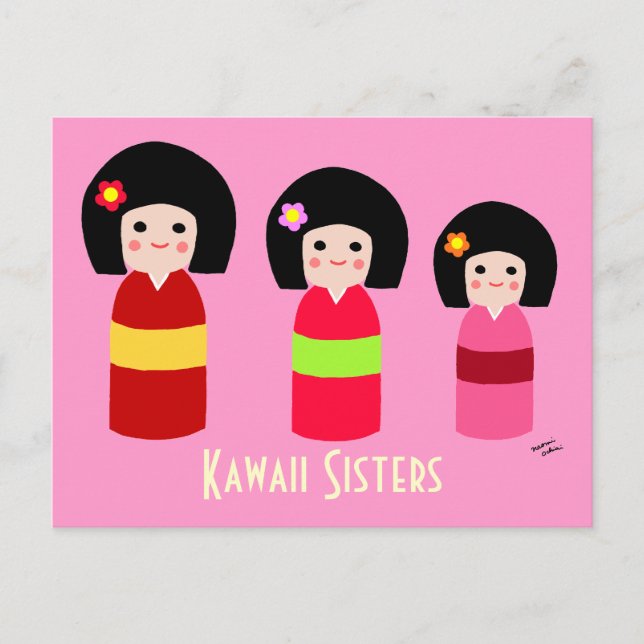 Tecknaden Kokeshi Doll Sisters Vykort (Framsida)