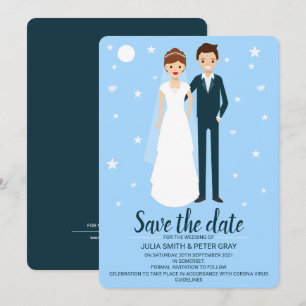 Tecknaden Modern Bride & Groom Spara datum Inbjudningar