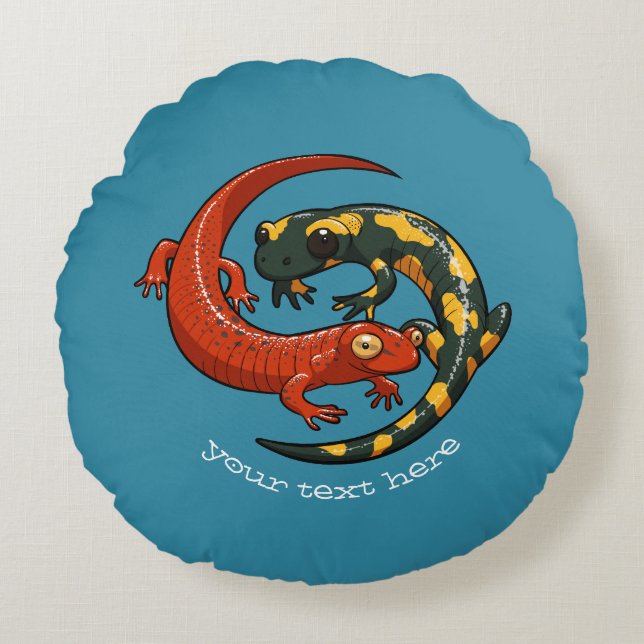 Tecknaden Salamander Friends med två vänstra leend Rund Kudde (Framsidan)