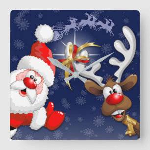 Tecknaden Santa och Reindeer Merry Christmass Lyck Fyrkantig Klocka