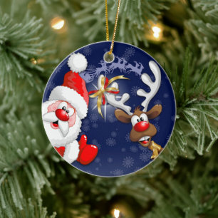 Tecknaden Santa och Reindeer Merry Christmass Lyck Julgransprydnad Keramik