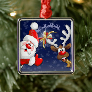 Tecknaden Santa och Reindeer Merry Christmass Lyck Julgransprydnad Metall