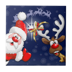 Tecknaden Santa och Reindeer Merry Christmass Lyck Kakelplatta