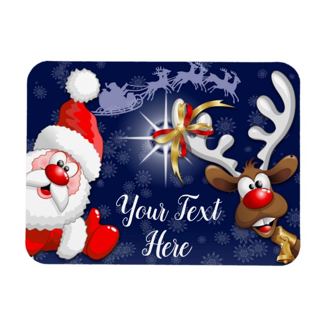 Tecknaden Santa och Reindeer Merry Christmass Lyck Magnet (Horisontell)