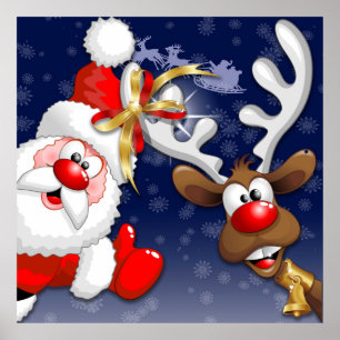 Tecknaden Santa och Reindeer Merry Christmass Lyck Poster