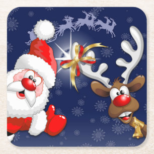 Tecknaden Santa och Reindeer Merry Christmass Lyck Underlägg Papper Kvadrat