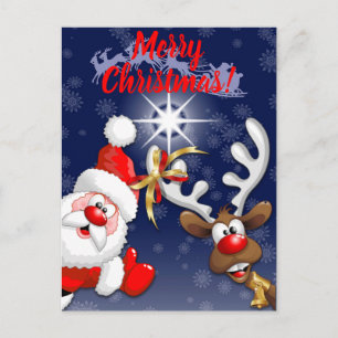 Tecknaden Santa och Reindeer Merry Christmass Lyck Vykort