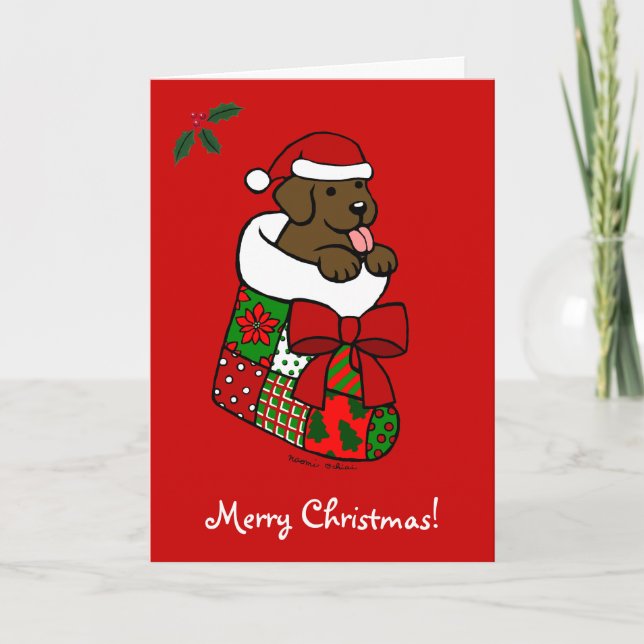Tecknaden Santa Stocking Chocolate Lab Puppy Helgkort (Framsida)