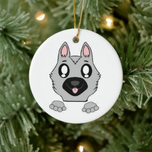 Tecknaden Silver och Black Peeking på tyska shephe Julgransprydnad Keramik