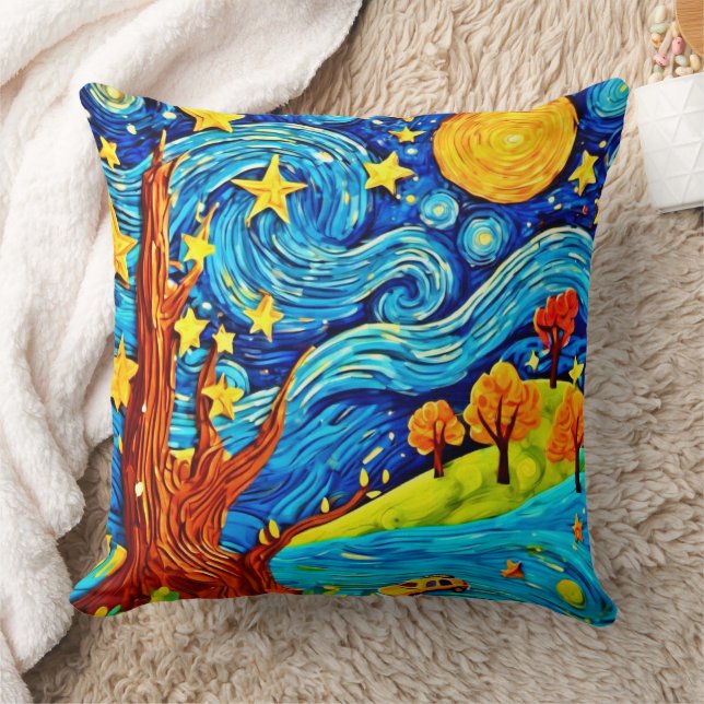 Tecknaden Starry Night: Surrealism Inspired Art Kudde (Filt)