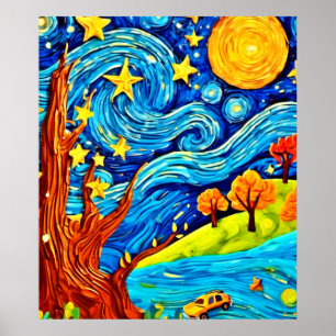 Tecknaden Starry Night: Surrealism Inspired Art Poster