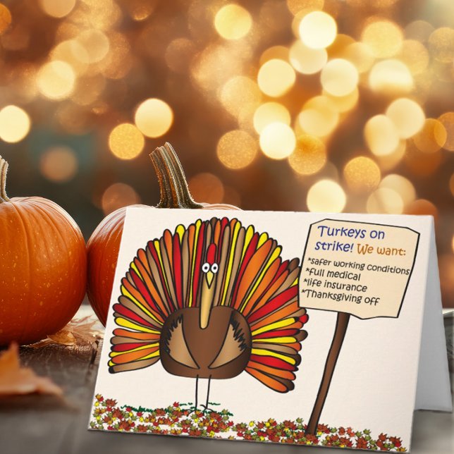 Tecknaden "Turkey on Strejka" i Thanksgiving Helgkort (Hey, check out this funny Thanksgiving Card "Turkeys on Strike". One of our most popular cards ever!)