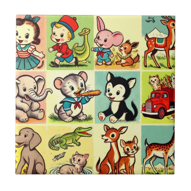 Tecknader för Retro Cute Animals Kakelplatta (Framsidan)