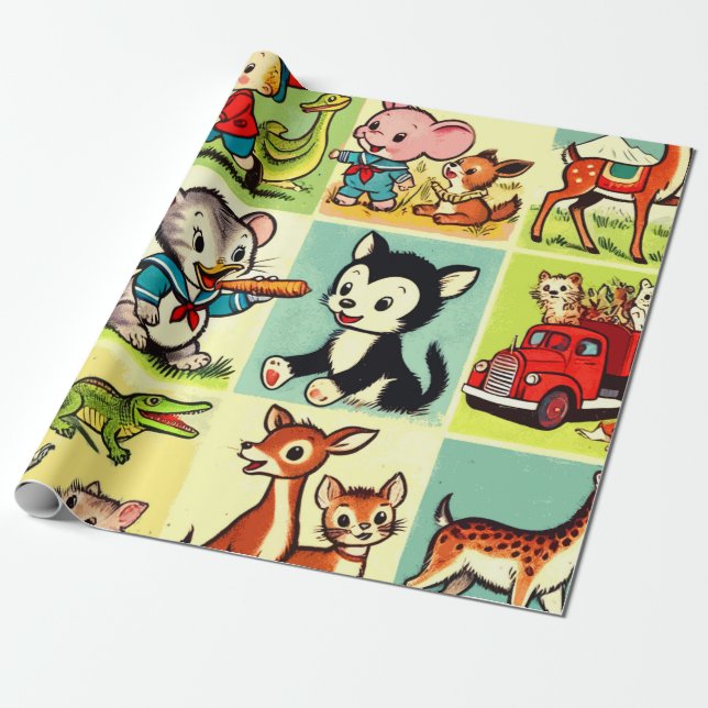 Tecknader för Retro Cute Animals Presentpapper (Utrullad)