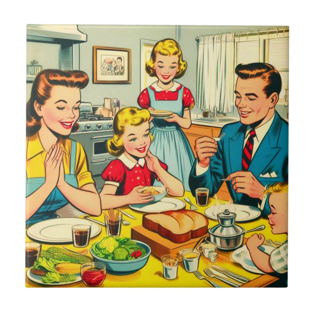 Tecknader för Retro Lycklig-familjen Kakelplatta (Framsidan)