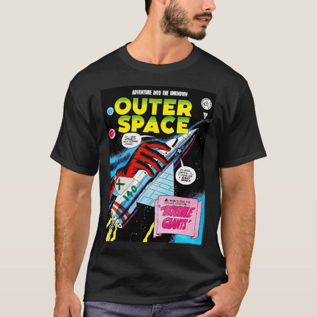 Tecknader för Retro Sci-Fi Äventyr Rymden T Shirt (Framsida)