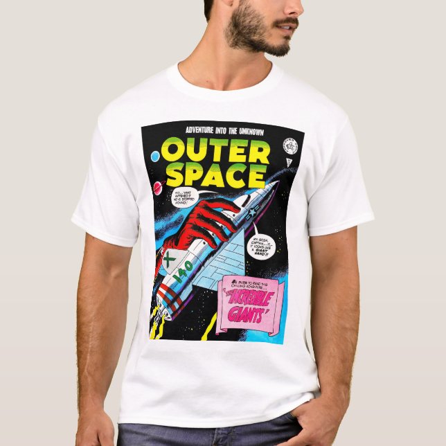 Tecknader för Retro Sci-Fi Äventyr Rymden T Shirt (Framsida)