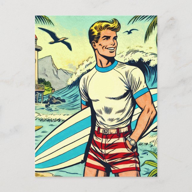 Tecknader för Surfan Retro Beach Vykort (Framsida)