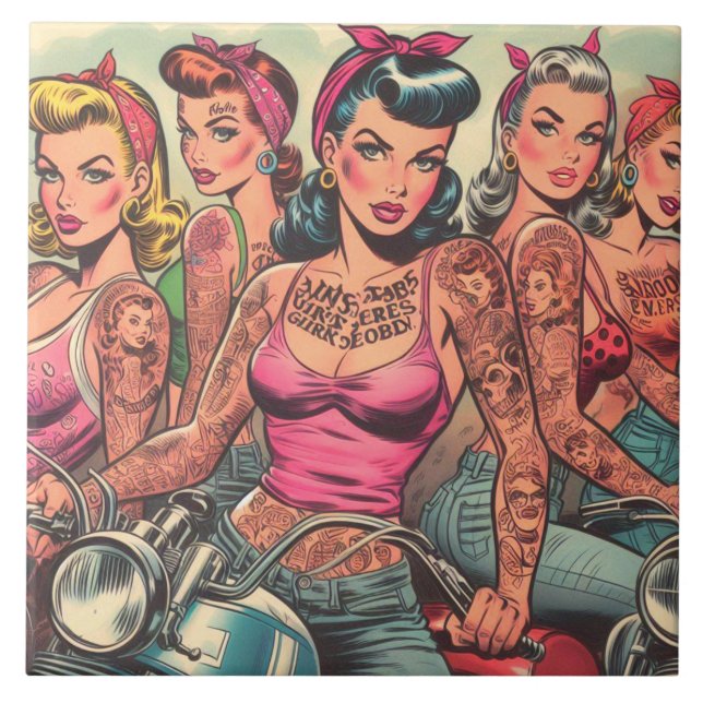 Tecknader för Tattoo Biker Girls Kakelplatta (Framsidan)