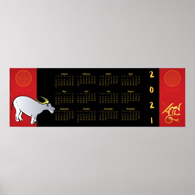 Tecknader Kinesisk Ox Year 2021 Calendar 36x12 Pos Poster (Framsidan)