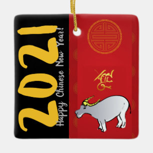 Tecknader Traditional Chinese Ox Year 2021 CRO Julgransprydnad Keramik