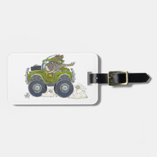 Tecknadillustration av en elefant som kör en jeep. bagagebricka