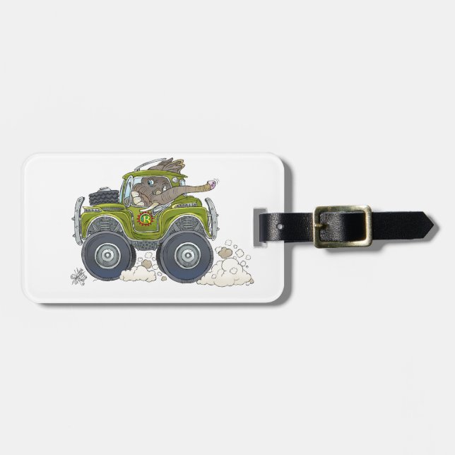 Tecknadillustration av en elefant som kör en jeep. bagagebricka (Horisontell Framsida)