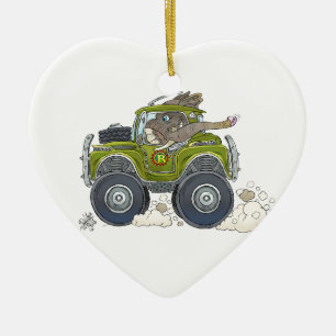 Tecknadillustration av en elefant som kör en jeep julgransprydnad keramik