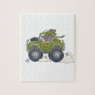 Tecknadillustration av en elefant som kör en jeep pussel