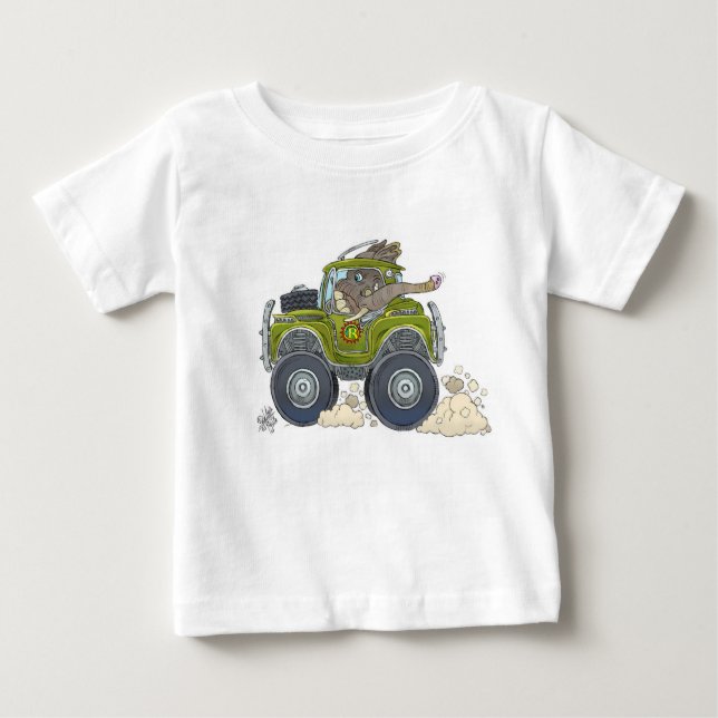 Tecknadillustration av en elefant som kör en jeep. tee shirt (Framsida)