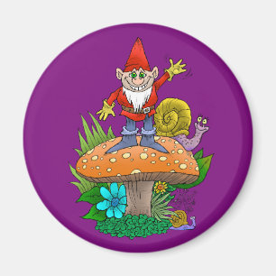 Tecknadillustration av en stå vinka gnome. magnet