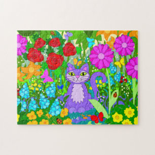 Tecknadkatten i trädgård blommar pussel