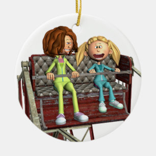 Tecknadmor och dotter på en pariserhjul julgransprydnad keramik