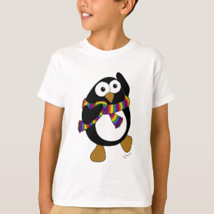 Tecknadpingvin som ha på sig en färgrik t shirt