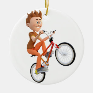 Tecknadpojke på cykeln som gör en Wheelie Julgransprydnad Keramik