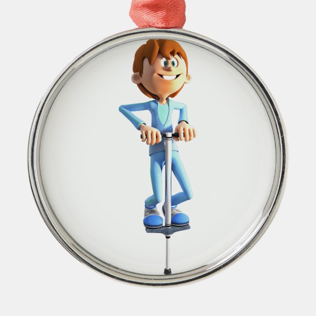 Tecknadpojke på en kängurustylta julgransprydnad metall (Framsidan)