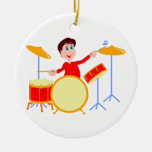 Tecknadpojke som leker drumset jagged kanter julgransprydnad keramik