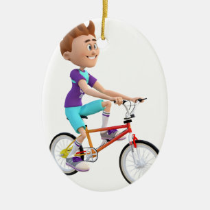 Tecknadpojke som rider en cykel julgransprydnad keramik