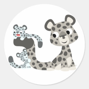TecknadsnöLeopard och ungeklistermärke Runt Klistermärke