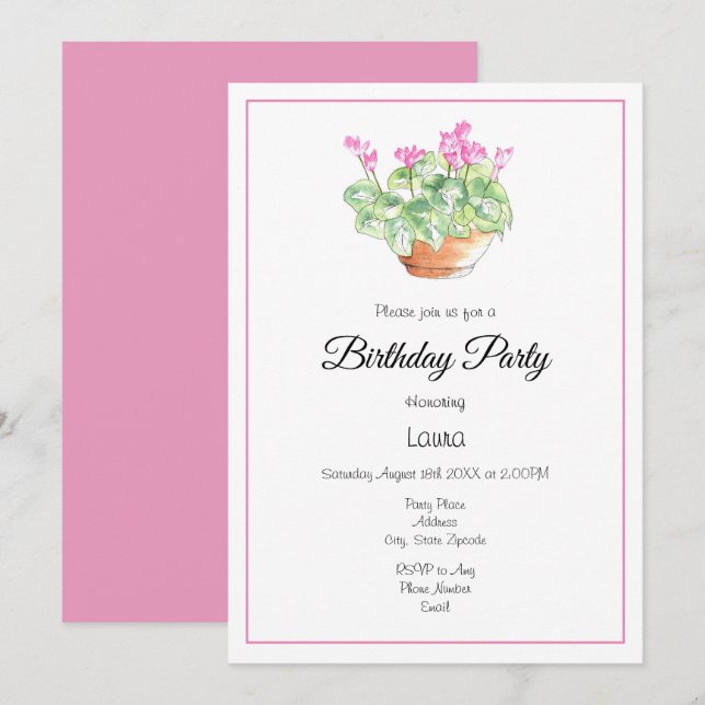 Tecknat vattenfärgscyklamen inbjudningar (Fram/baksida)