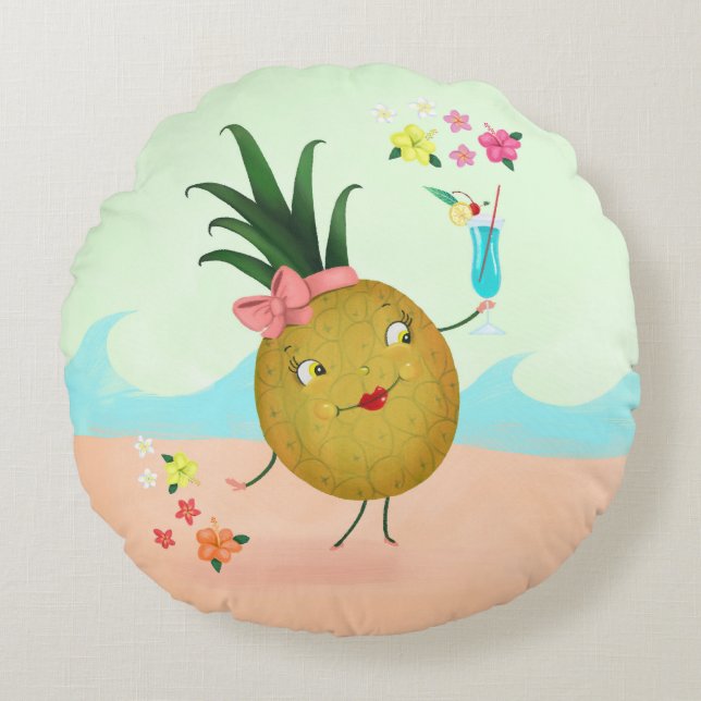 Tecknet Cute Pineale vid Beach Rund Kudde (Framsidan)
