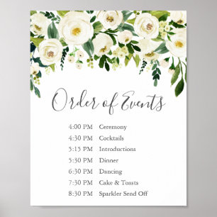 Tecknet White Flower Grey Bröllop Order of Events Poster
