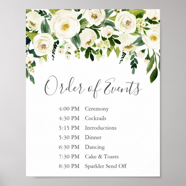 Tecknet White Flower Grey Bröllop Order of Events Poster (Framsidan)