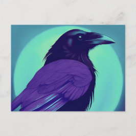 Teckning av en korp på neonblå bakgrund  vykort
